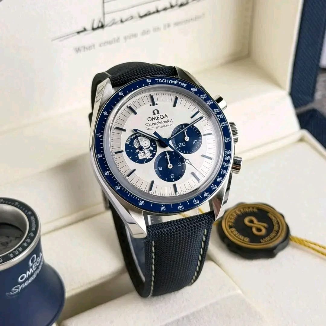Omega Speedmaster Silver Snoopy Blue Bezel Angled View