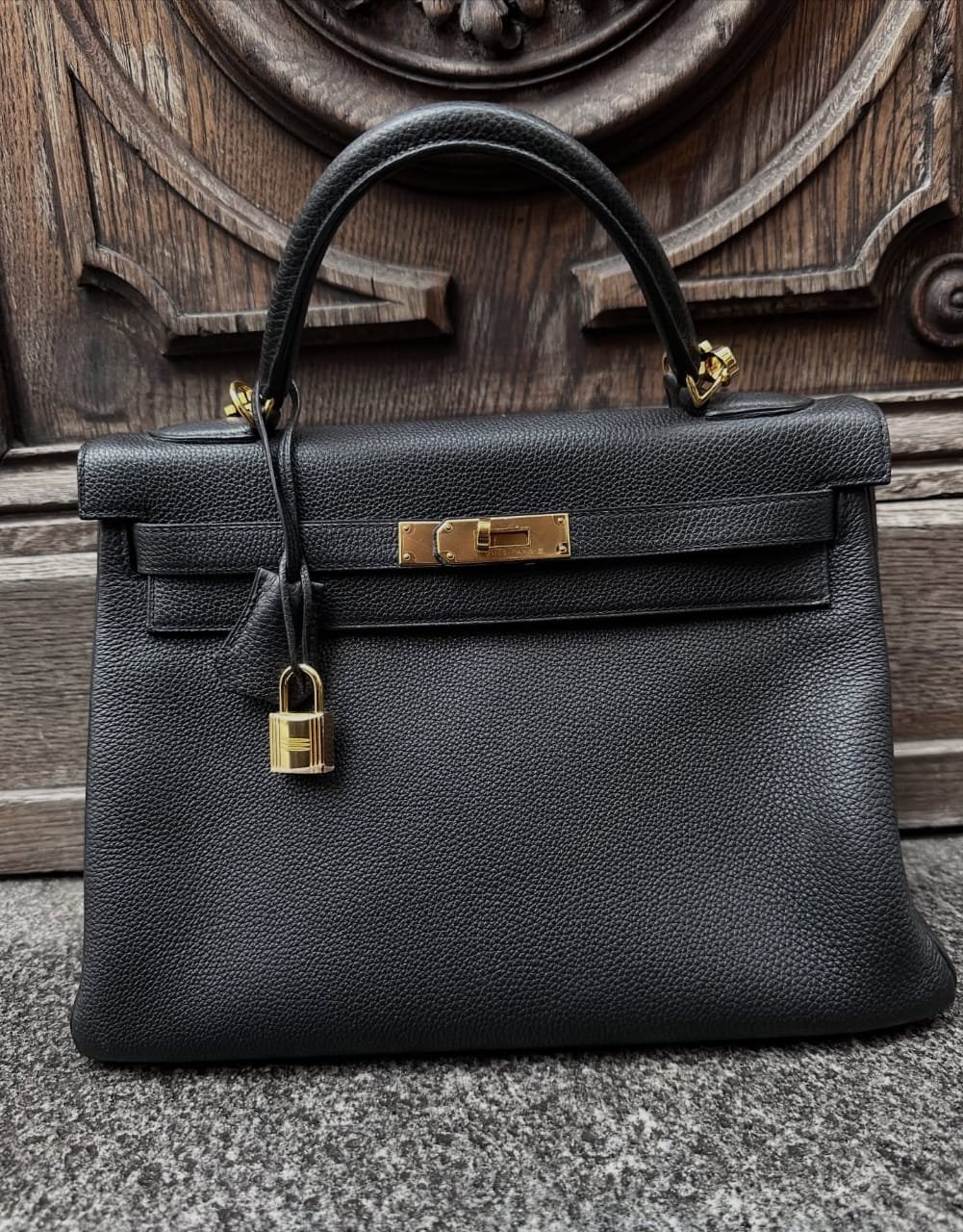 Black handbags Hermès Kelly 32 Black Clemence Front Flap GHW Like New