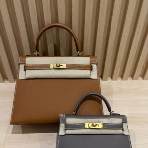 Hermès Kelly 25 Gold & Mini Kelly Etoupe Front Flaps GHW Duo ladies lunch tote bags