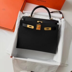 Hermès Sac Kelly II Sellier 28 Noir Front Flap GHW Structured black shoulder handbags​