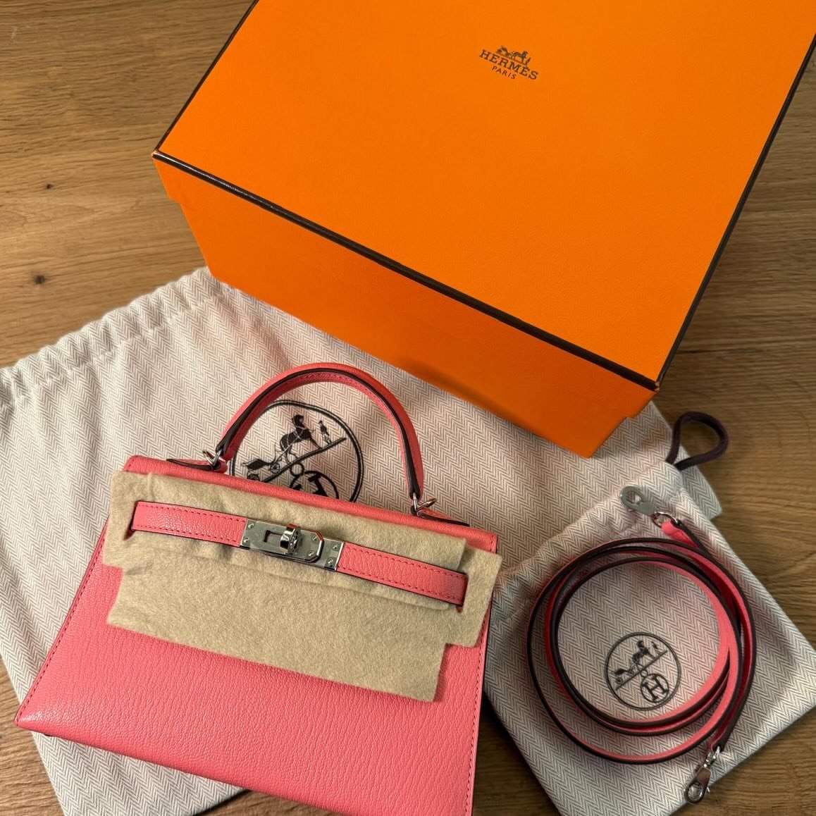 Hermès Mini Kelly Rosa Full Back Accessories Complete Set pink bags