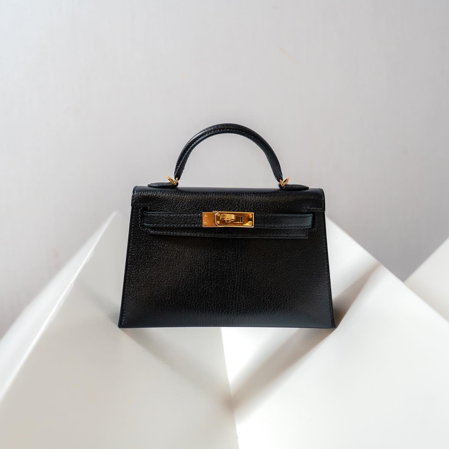 Black Chèvre Mini Kelly II PHW Modern Palladium