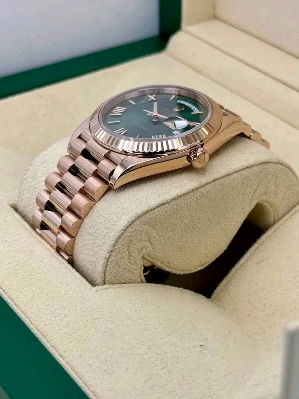 Rolex Day-Date Olive Green Dial Angled Front View