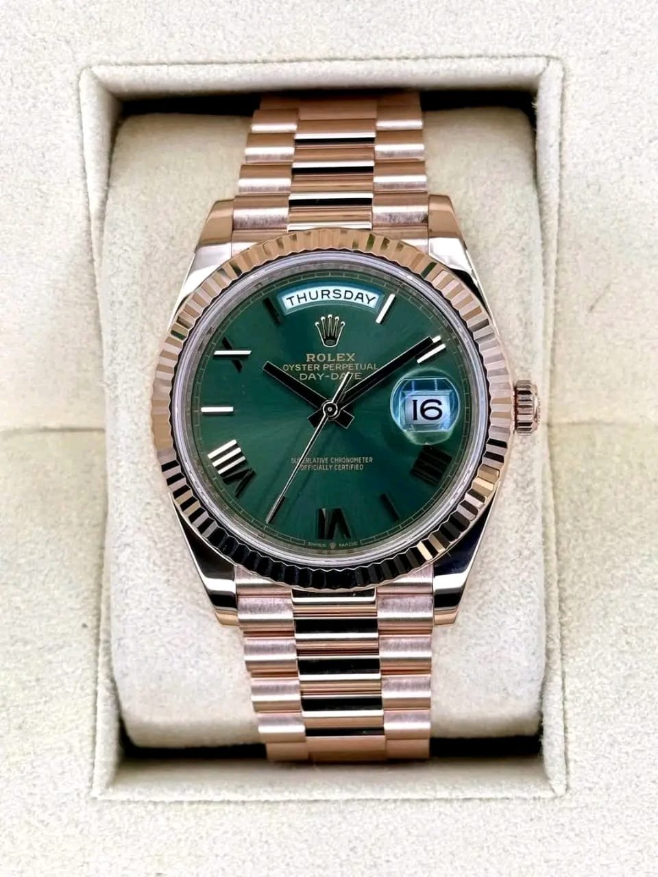 diamond watch rolex Rolex Day-Date Olive Green Roman Dial Macro