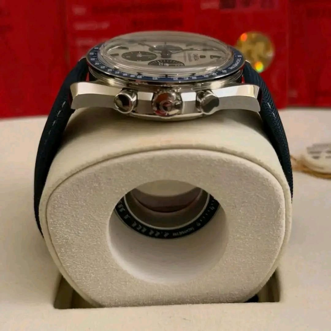 Omega Speedmaster Snoopy Blue Bezel Angled View