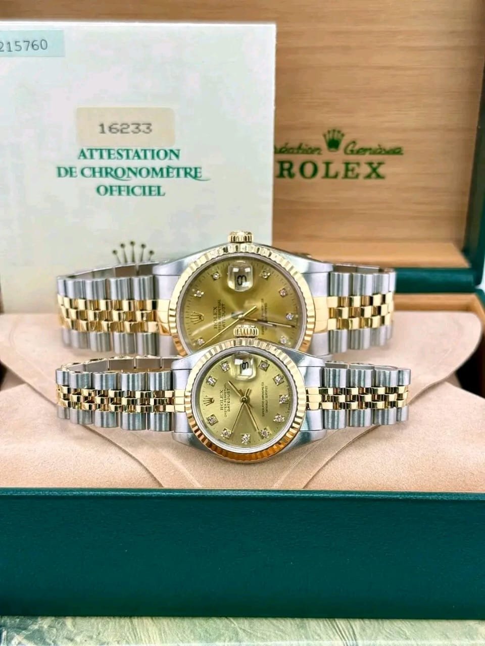His & Hers Rolex Datejust Champagne Diamond Dials rolex couple watches for sale