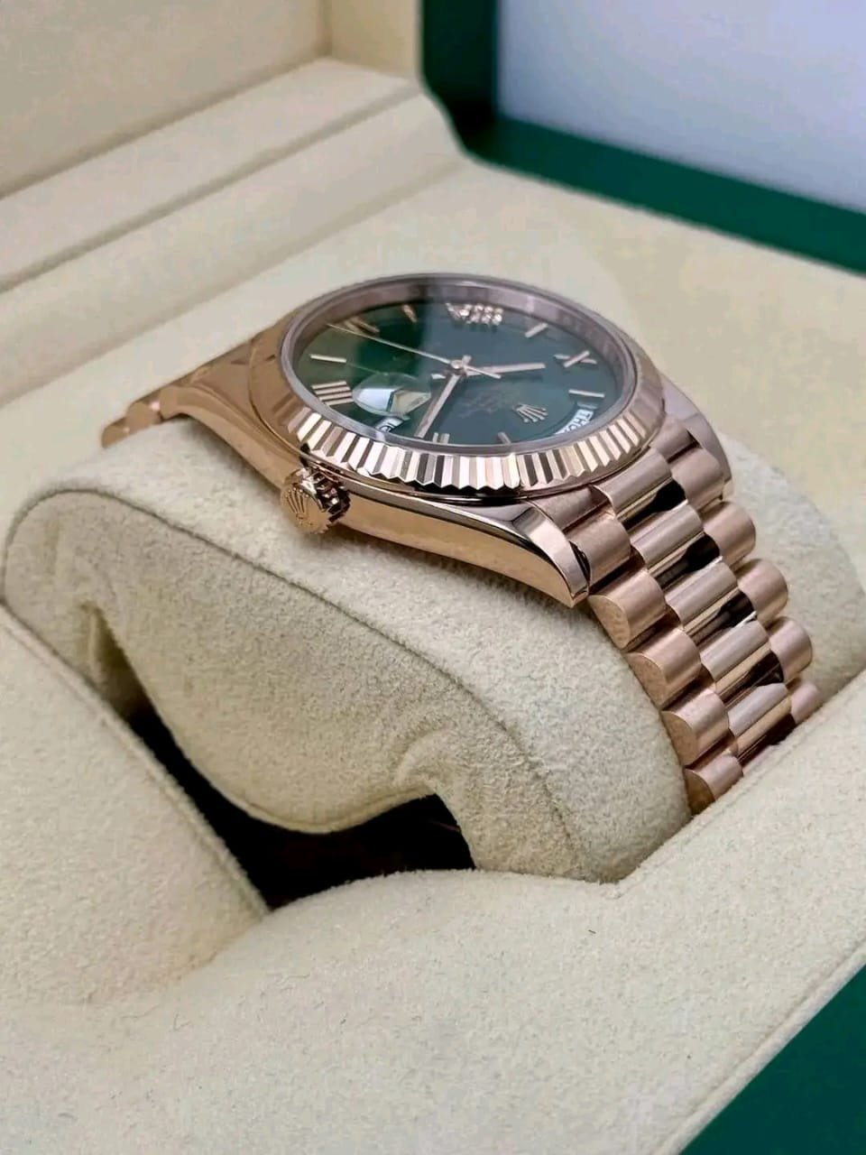 Rolex Day-Date 40 Everose Crown Side Profile