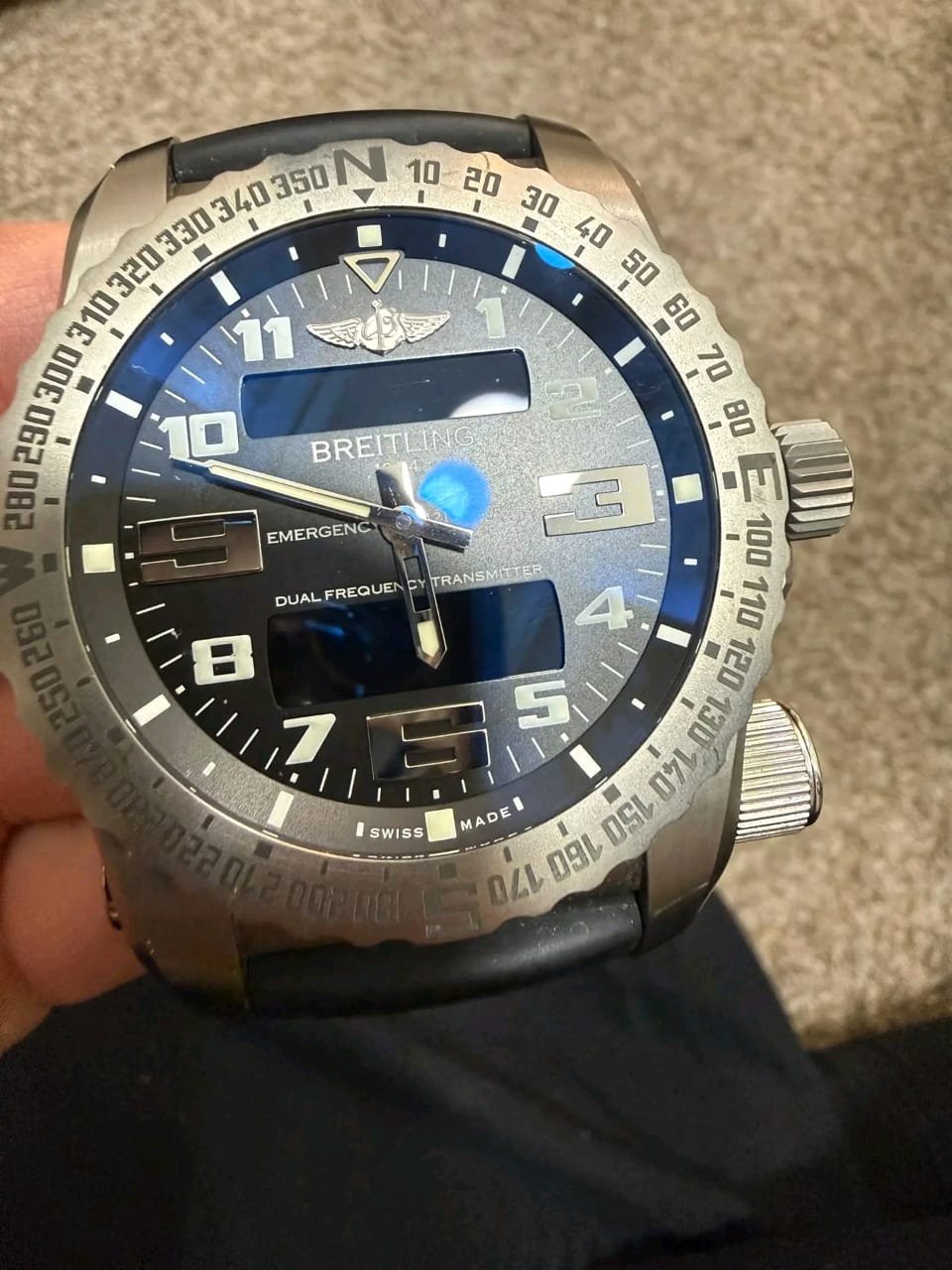 Breitling Emergency II Case-Side & Crown Angle View titanium watches