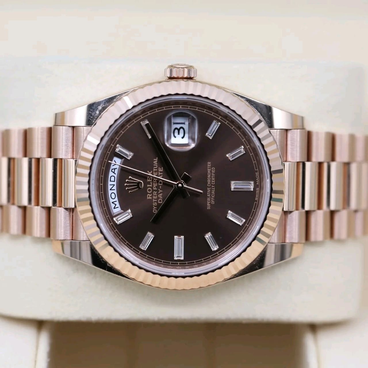 Rolex Day-Date 228235 Chocolate Baguette Dial Close-Up