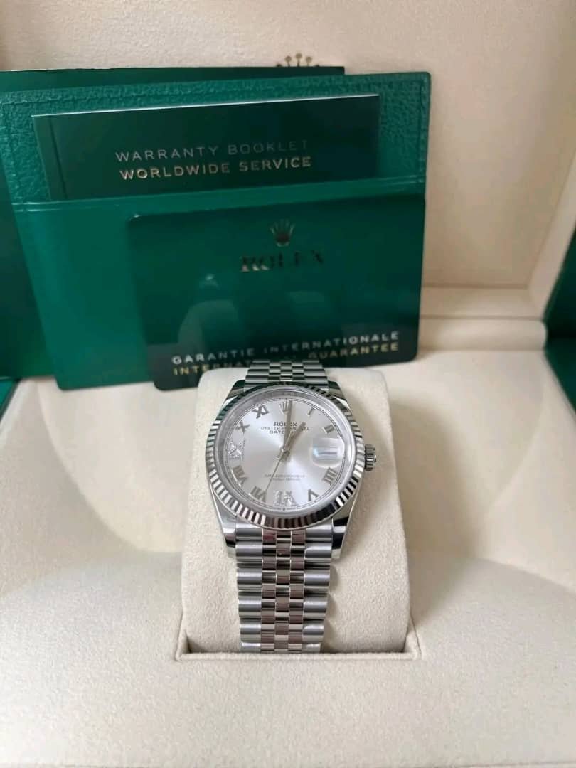 Rolex Datejust 36mm Silver Diamond Roman Dial Close-Up