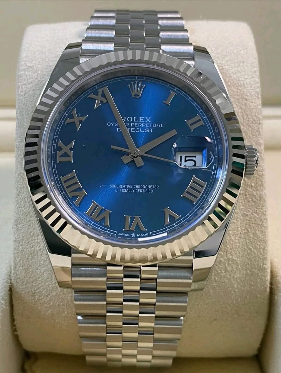 Rolex Datejust 126334 Blue Roman Dial with White Gold Fluted Bezel